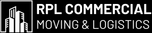 Black horizontal logo with white building icon and bold white text reading RPL Commercial Moving & Logistics
